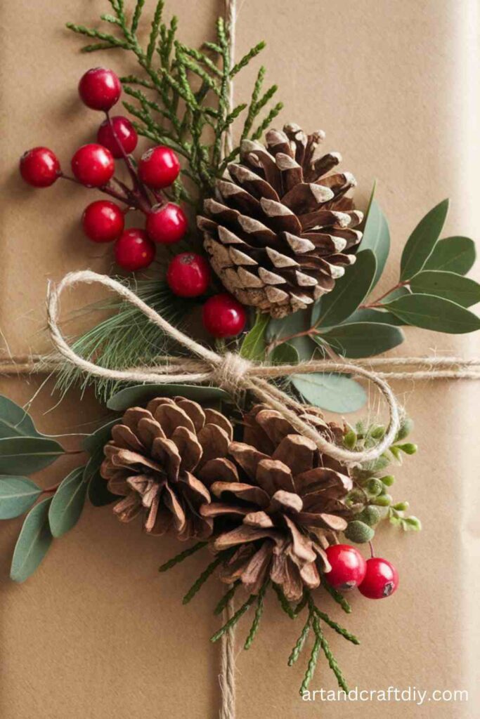 DIY Pinecone and Berry Wrapping