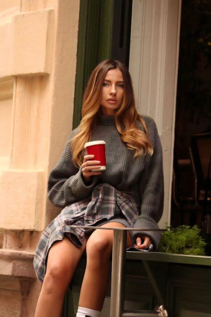 Cozy Knit Sweater with Plaid Skirt
