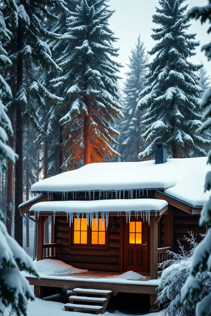 Snowy Cabin in the Woods