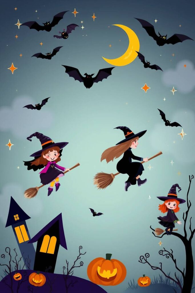 Witches and Bats Cartoon Style