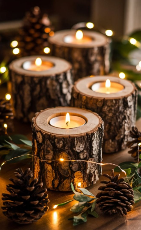 Wood Log Candle Holders