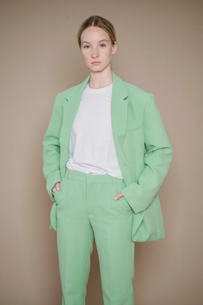 Green blazer with white shirt