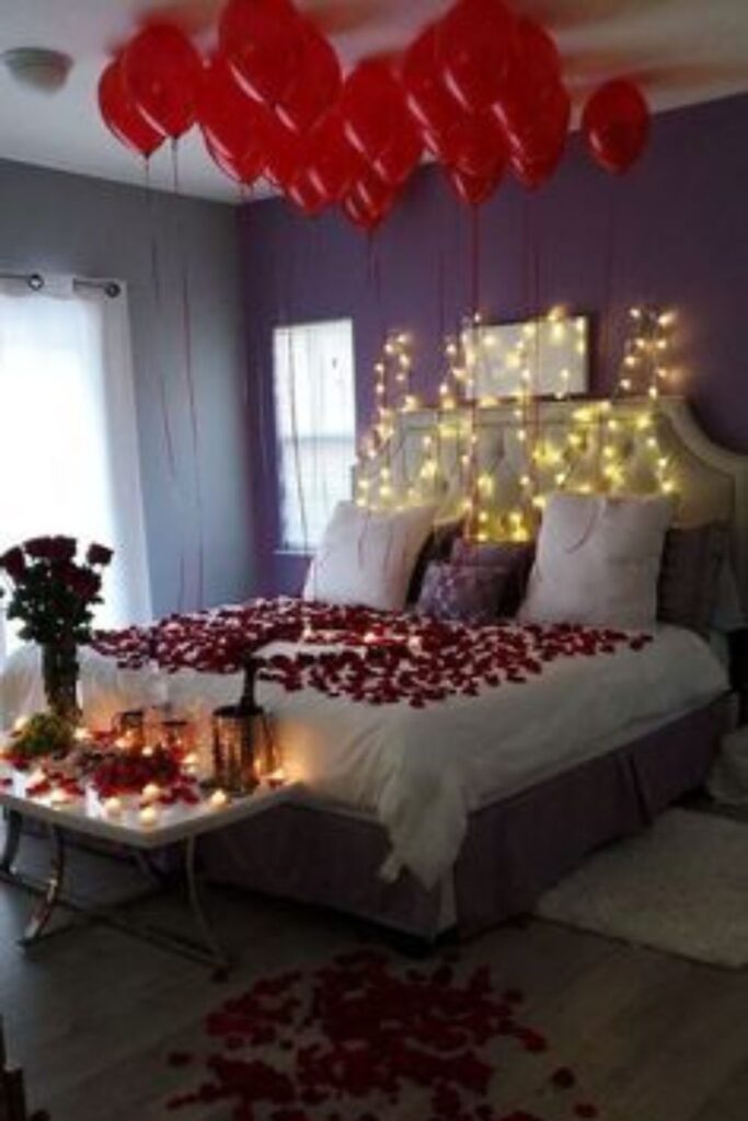 Cozy Bedroom with Fairy Lights and Roses